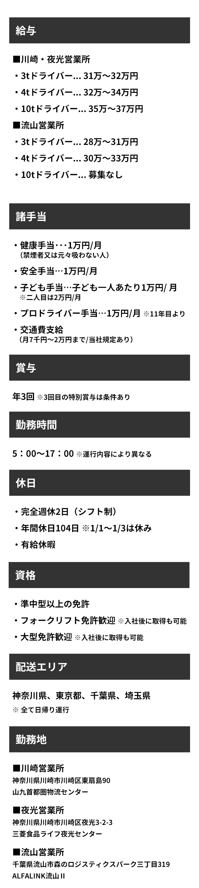 関東エリア 募集要項詳細